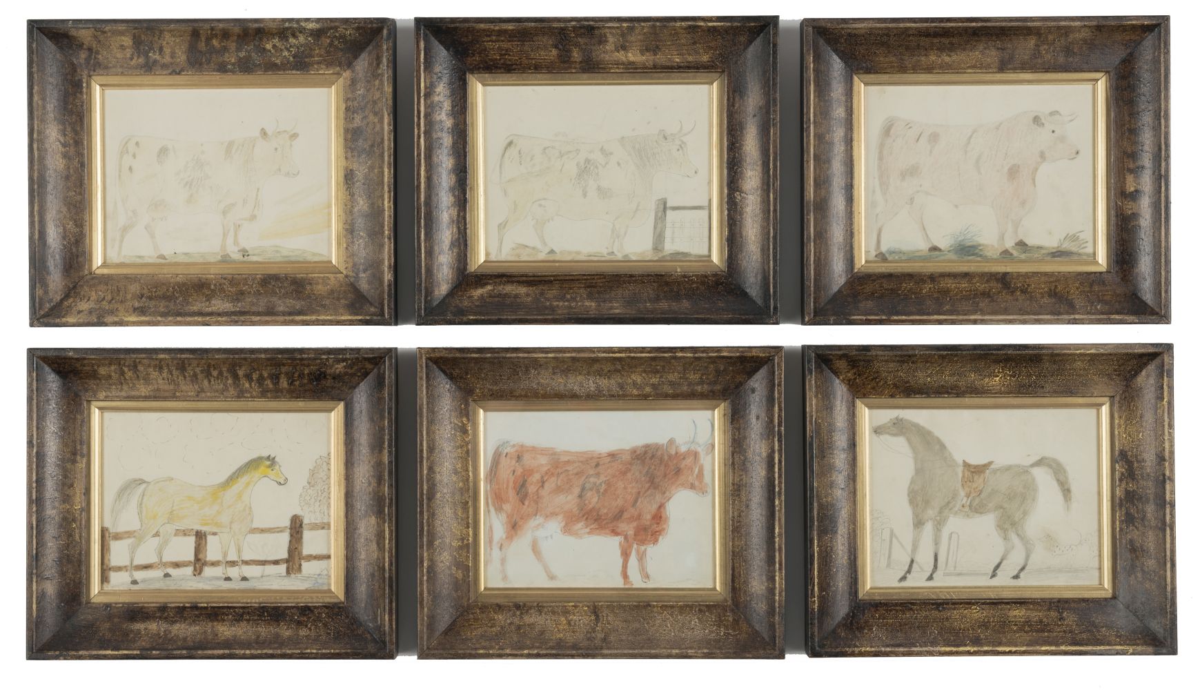 A SET OF SIX FRAMED VICTORIAN NAIVE DRAWINGS OF ANIMALS (8)