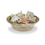 A FRENCH GREEN-GLAZED CENTERPIECE BOWL AND A COLLECTION OF SHELLS20th century
