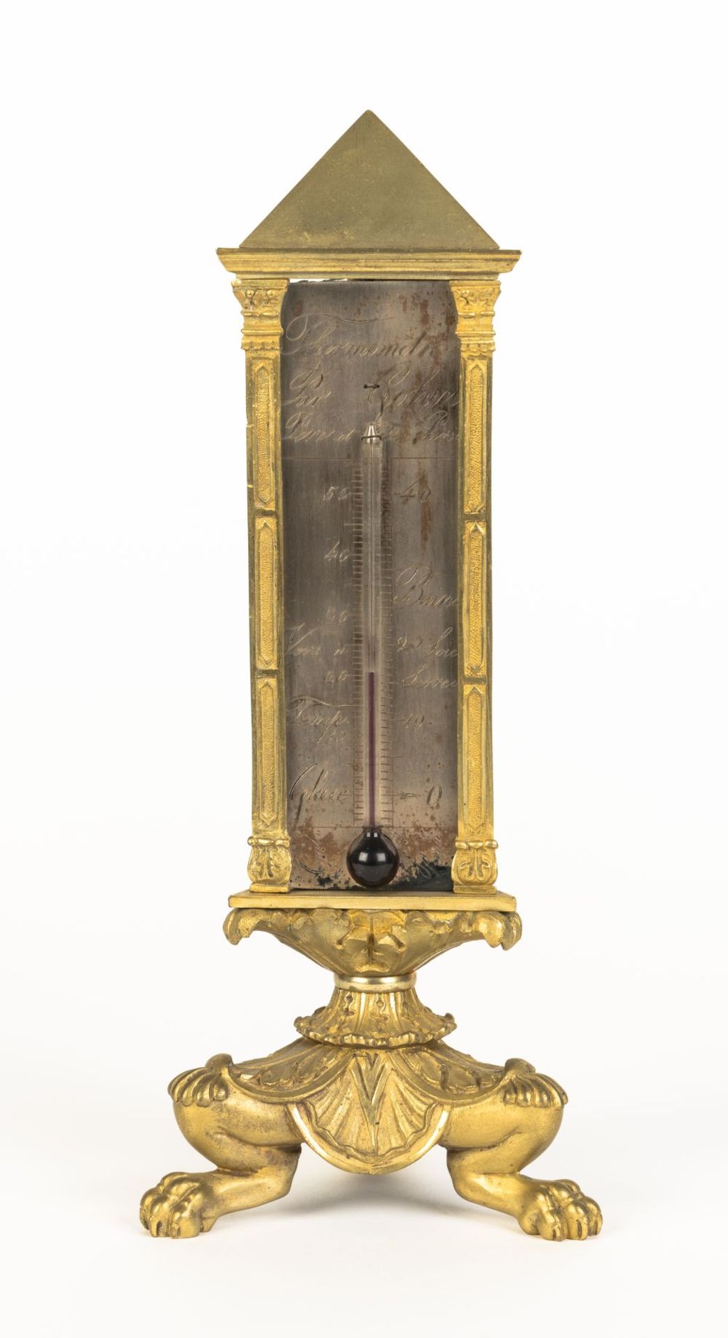 A FRENCH GILT-BRONZE DESK COMPENDIUM THERMOMETER, LETTER RACK AND CALENDARBy Gohin Pere et Fils a...