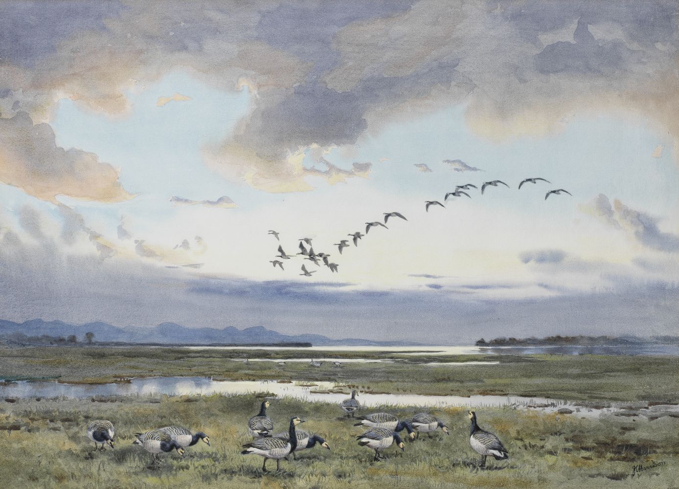 JOHN CYRIL HARRISON (BRITISH, 1898-1985) Canada geese at dusk