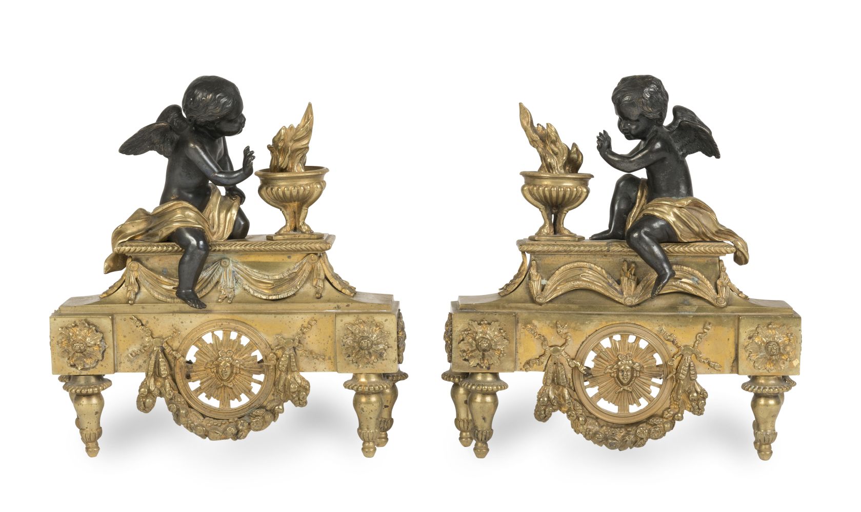 A PAIR OF FRENCH PATINATED AND GILT-BRONZE CHENETS Late 19th / early 20th century (2)