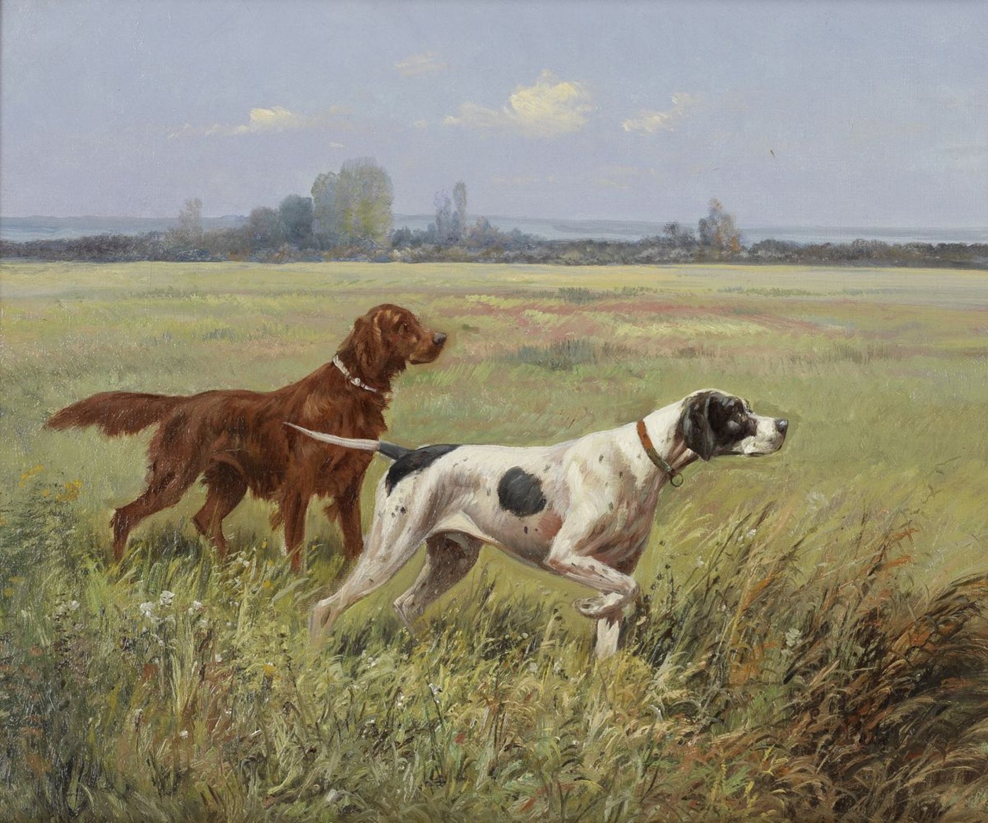 Eugene Petit (French, 1839-1886) Pointer and a setter in a landscape