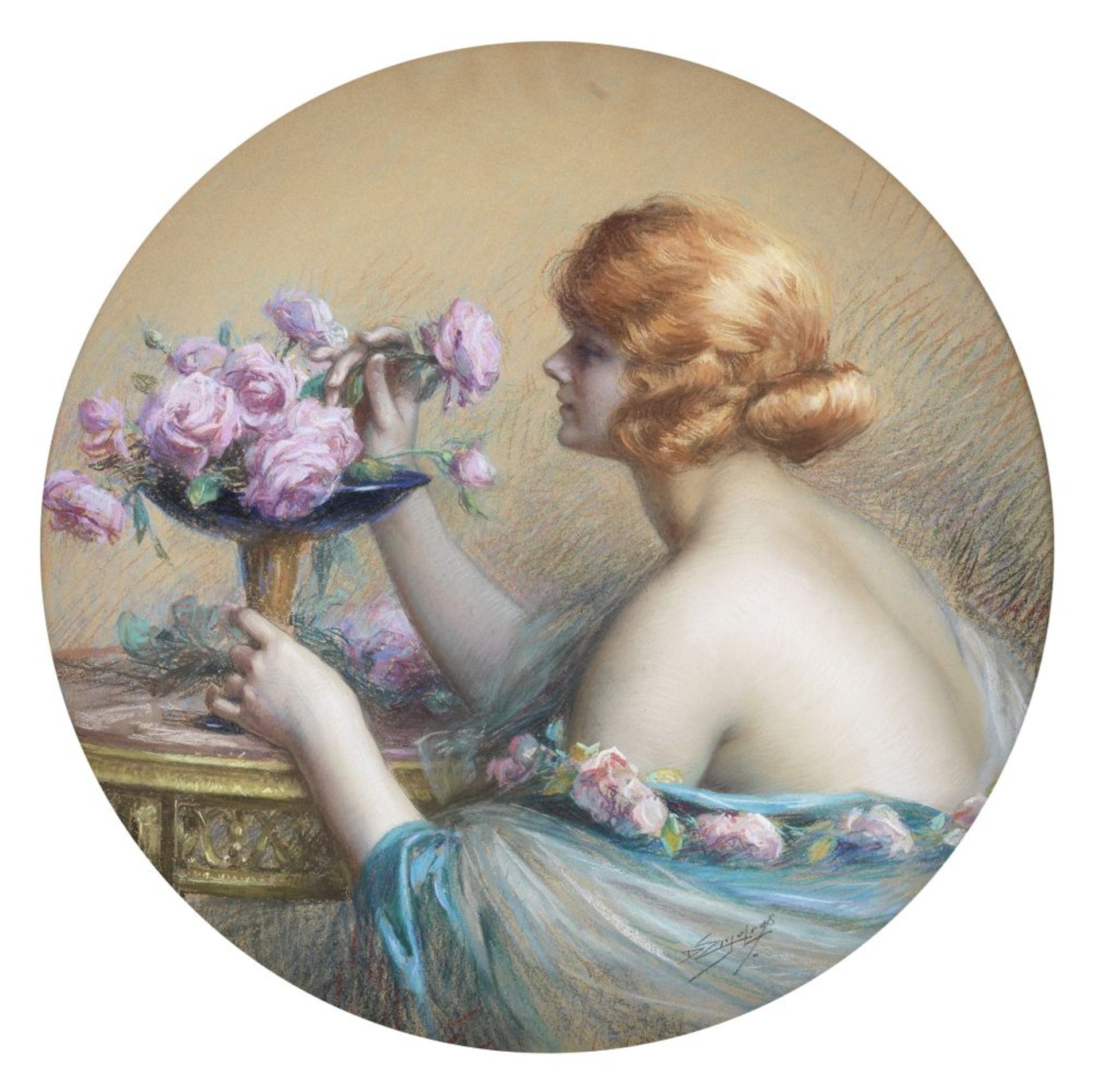 Delphin Enjolras (French, 1857-1945) Jeune femme arrangeant les roses tondo (diameter 62.3cm, 24 ...