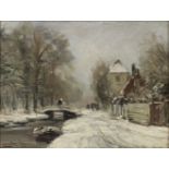 LOUIS APOL (1850-1936), Winters Stadsgezicht/Wintry Road along a Waterway, signed lower left, oil...