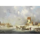 A. de Groote, Dutch, 19th century Dutch winter landscape with figures skating