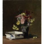 Victoria Dubourg Fantin-Latour (French, 1840-1926) Still life of pink and yellow flowers with a C...