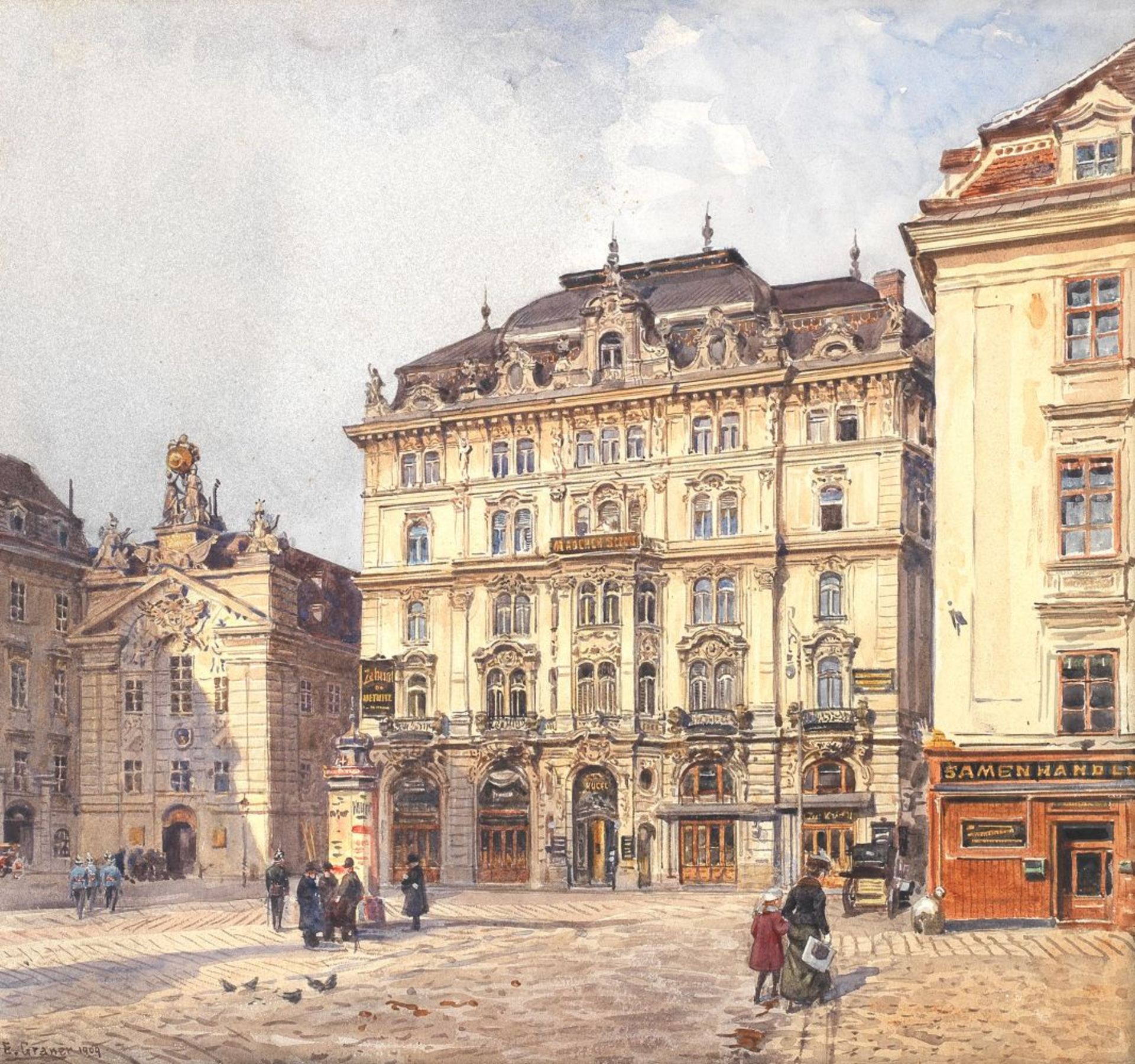 Ernst Graner (Austrian, 1865-1943) A view of Am Hof square, Vienna