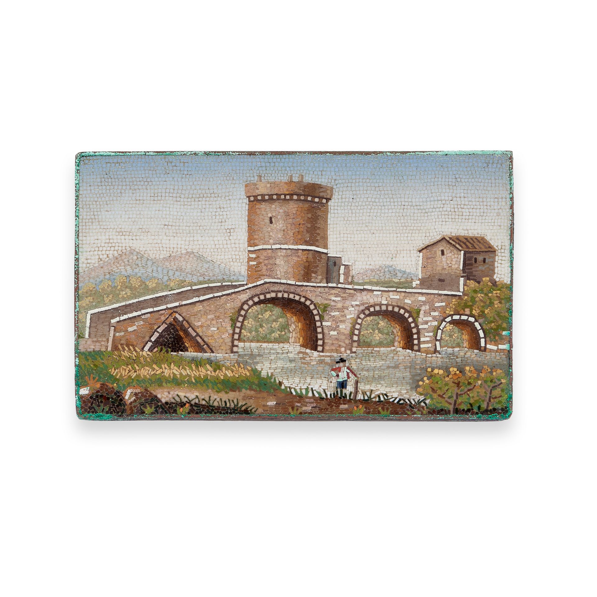 A late 18th / early 19th century Italian micromosaic rectangular panel depicting a a bridge with ...