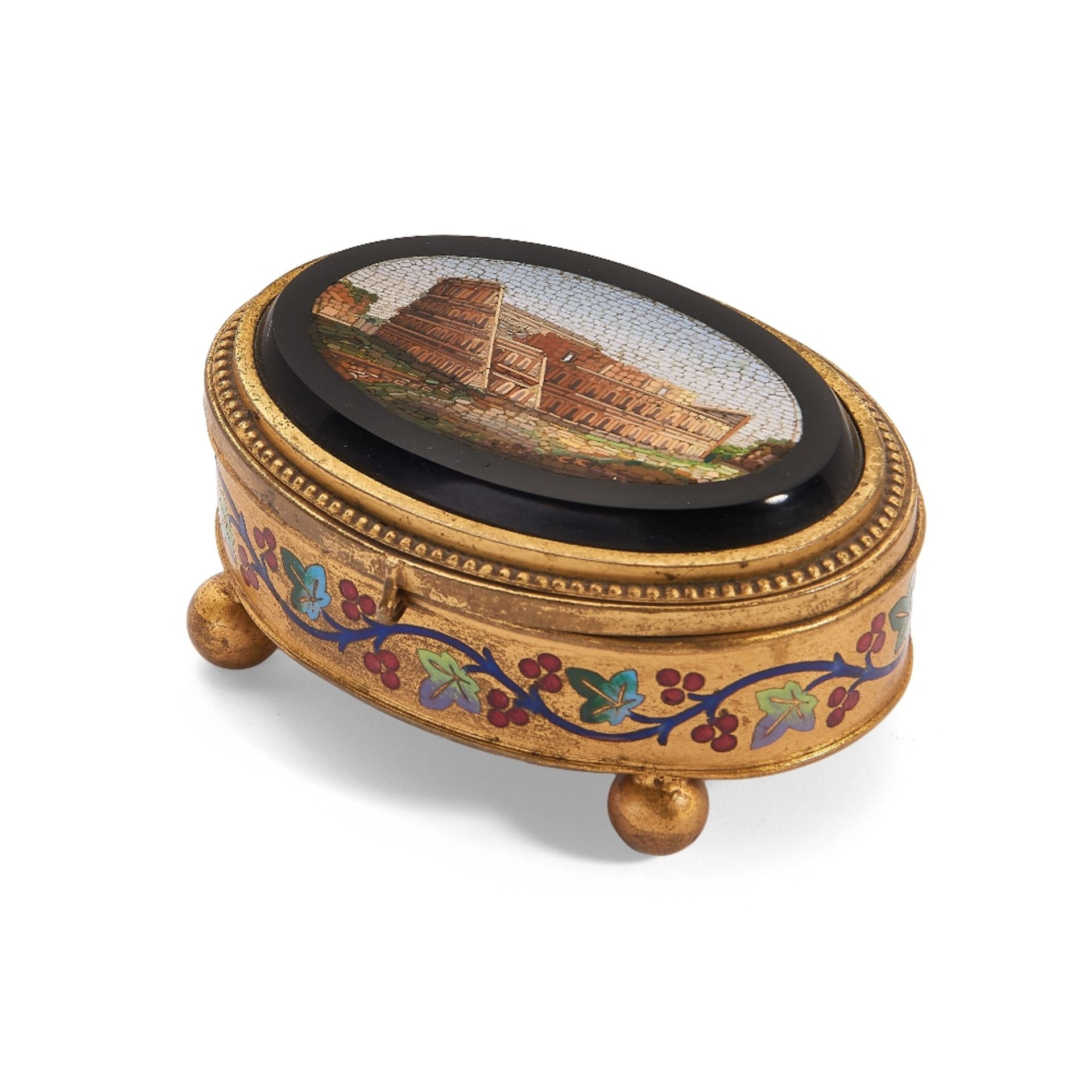 A late 19th Century Italian gilt metal, enamelled, and micromosaic inset oval hinged box, the lid... - Image 2 of 2