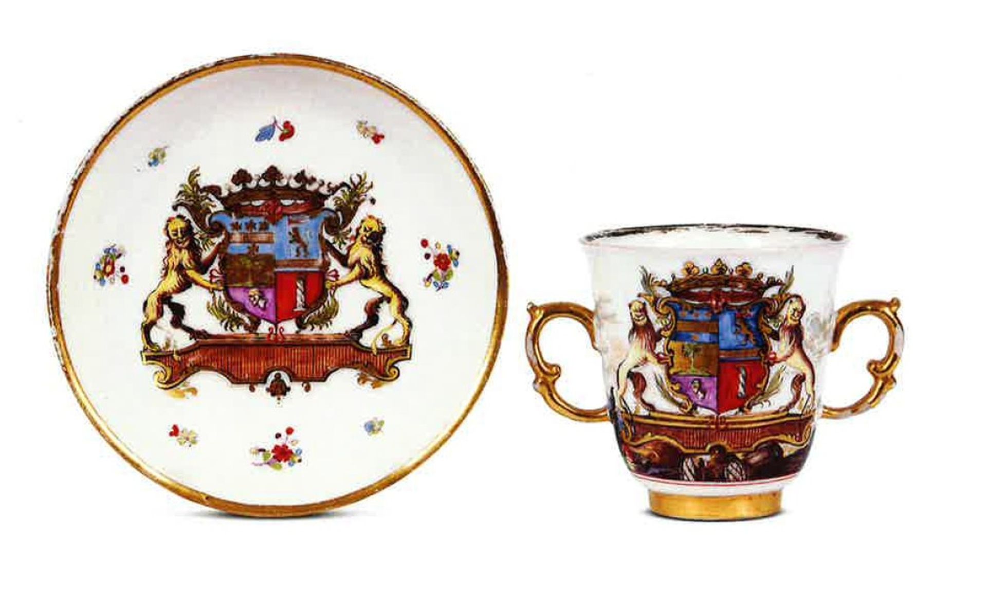 A rare Meissen armorial two-handled beaker and saucer from the Campoflorido service, circa 1739-40