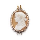 A shell cameo and diamond pendant, second half of the 19th century