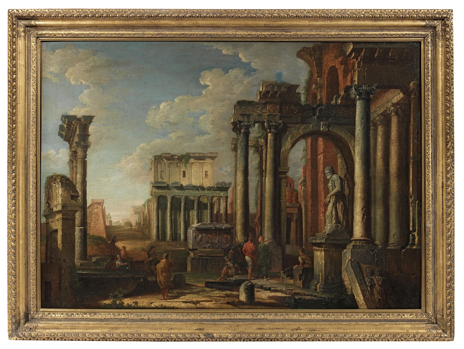 Circle of Giovanni Paolo Panini (Italian, circa 1692-1765) A capriccio of Roman ruins with the Te...