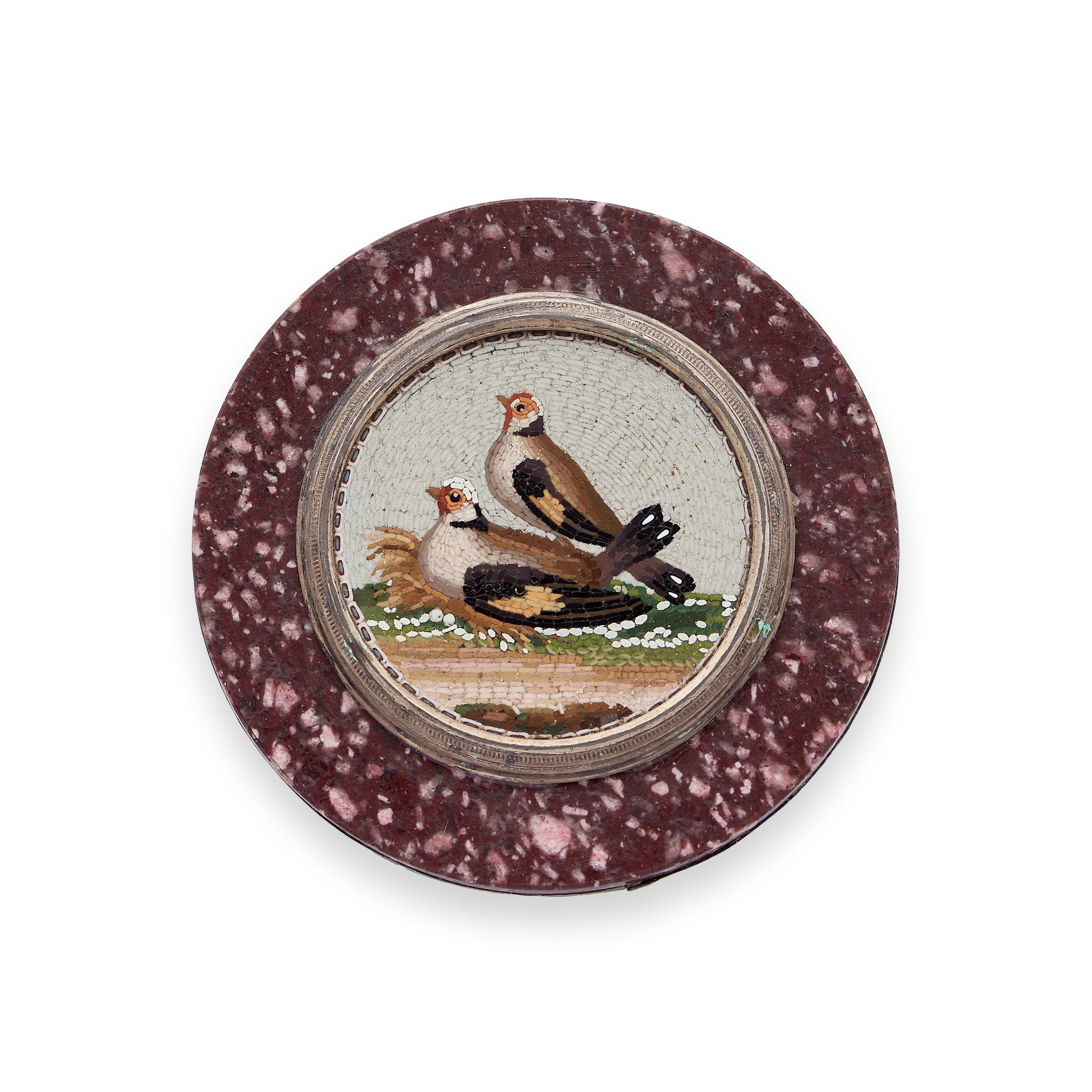 A late 18th / early 19th century Italian micromosaic circular plaque depicting two pheasants set ...