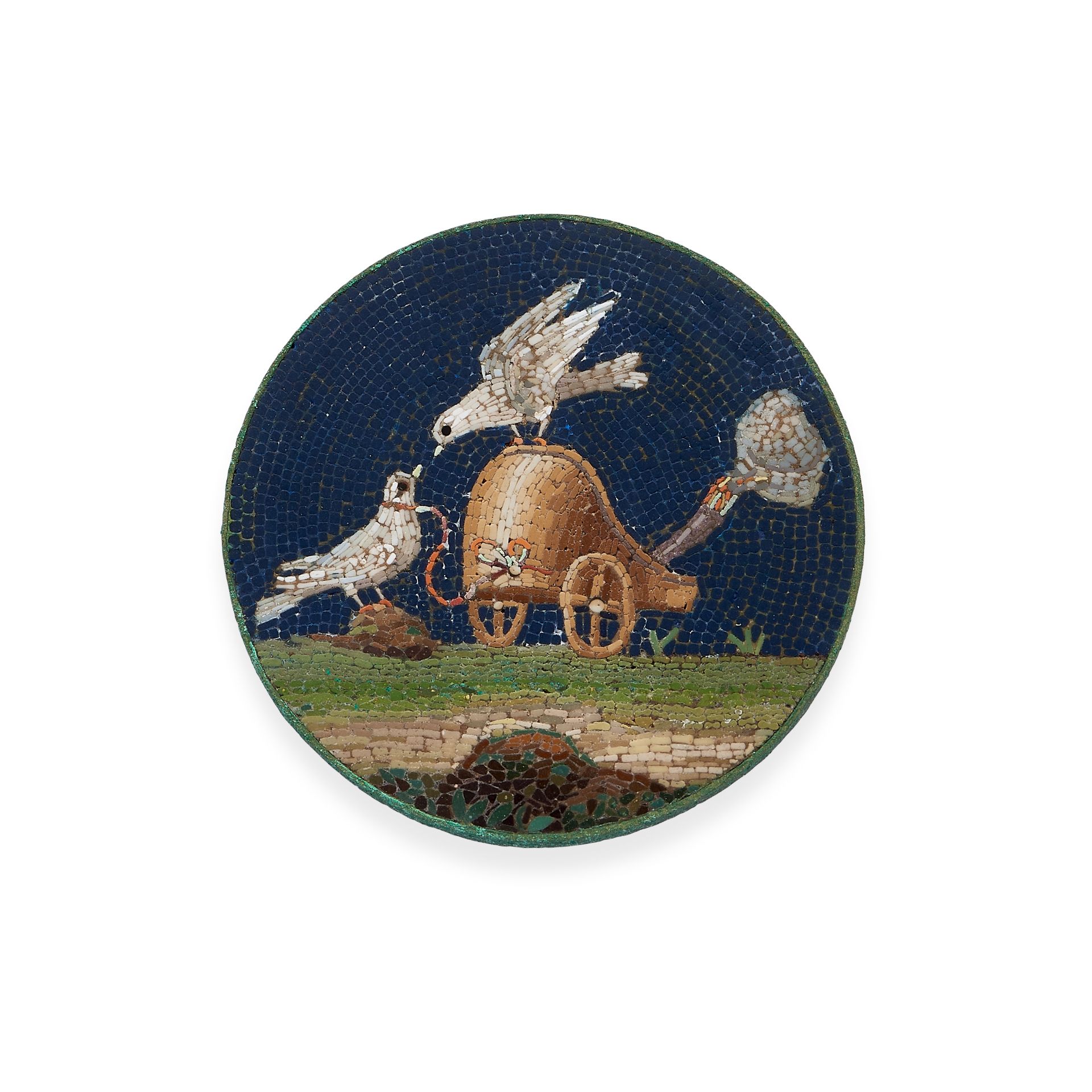 A good late 18th / early 19th century Italian micromosaic circular plaque depicting two doves, a ...