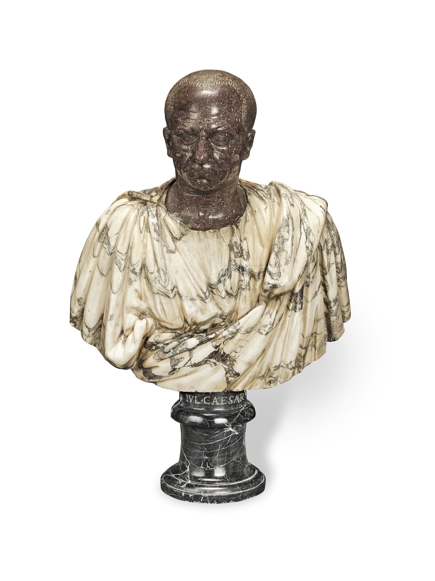 An Italian carved porphyry and sarrancolin bust of a Roman emperor, possibly Galbaprobably late 1...