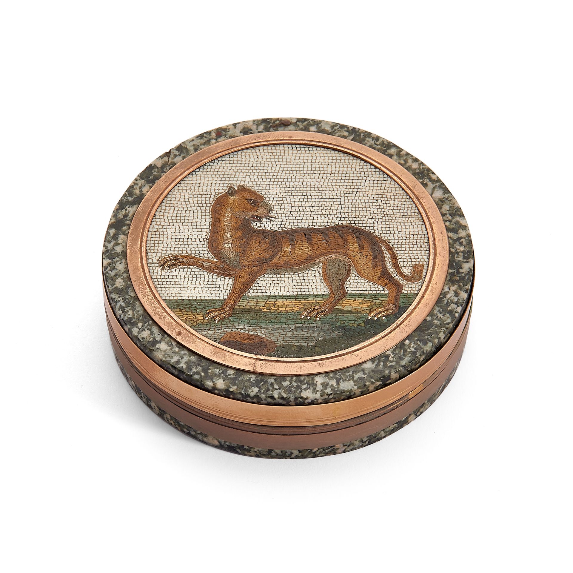 A fine late 18th/early 19th century, Italian micromosaic circular panel of a tiger set within a g...