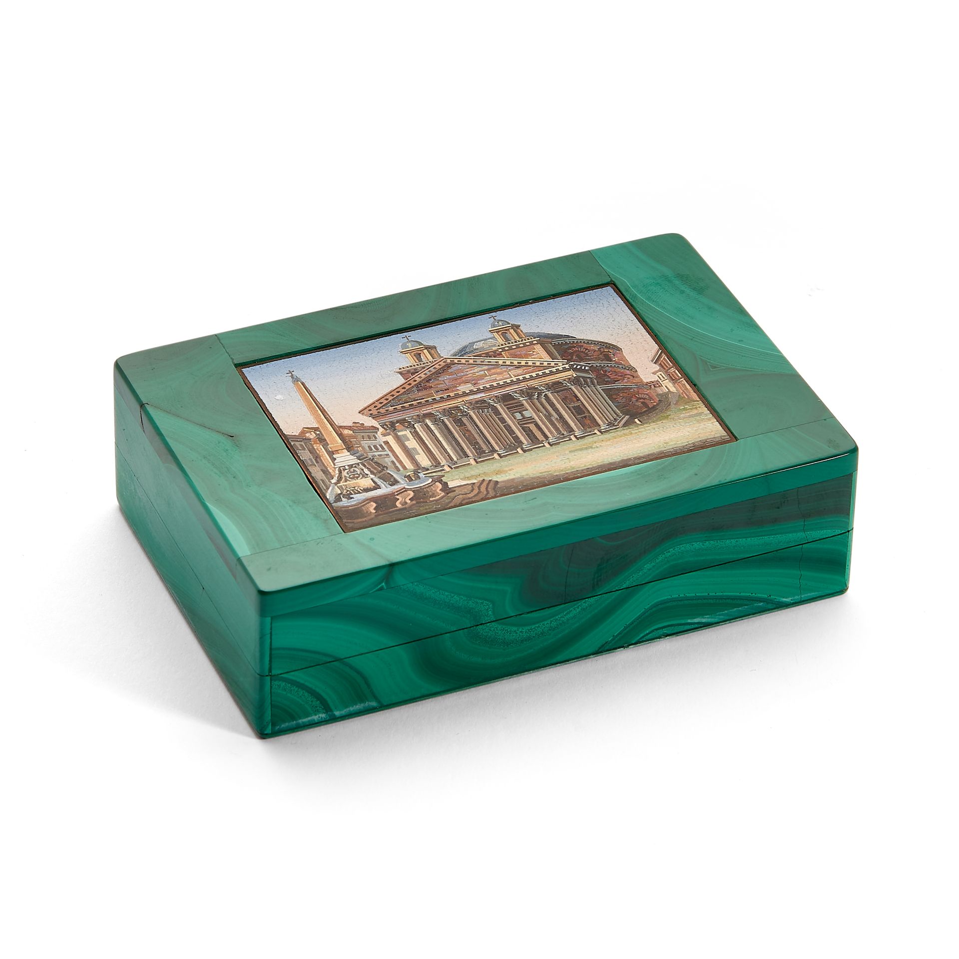 A fine Italian micromosaic panel set within a later malachite and silver gilt mounted box, the li...