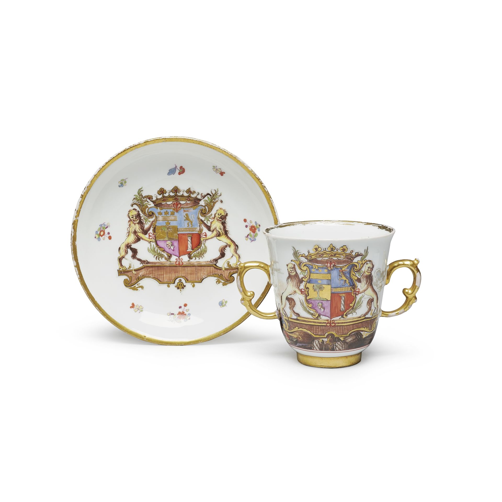 A rare Meissen armorial two-handled beaker and saucer from the Campoflorido service, circa 1739-40 - Image 2 of 2