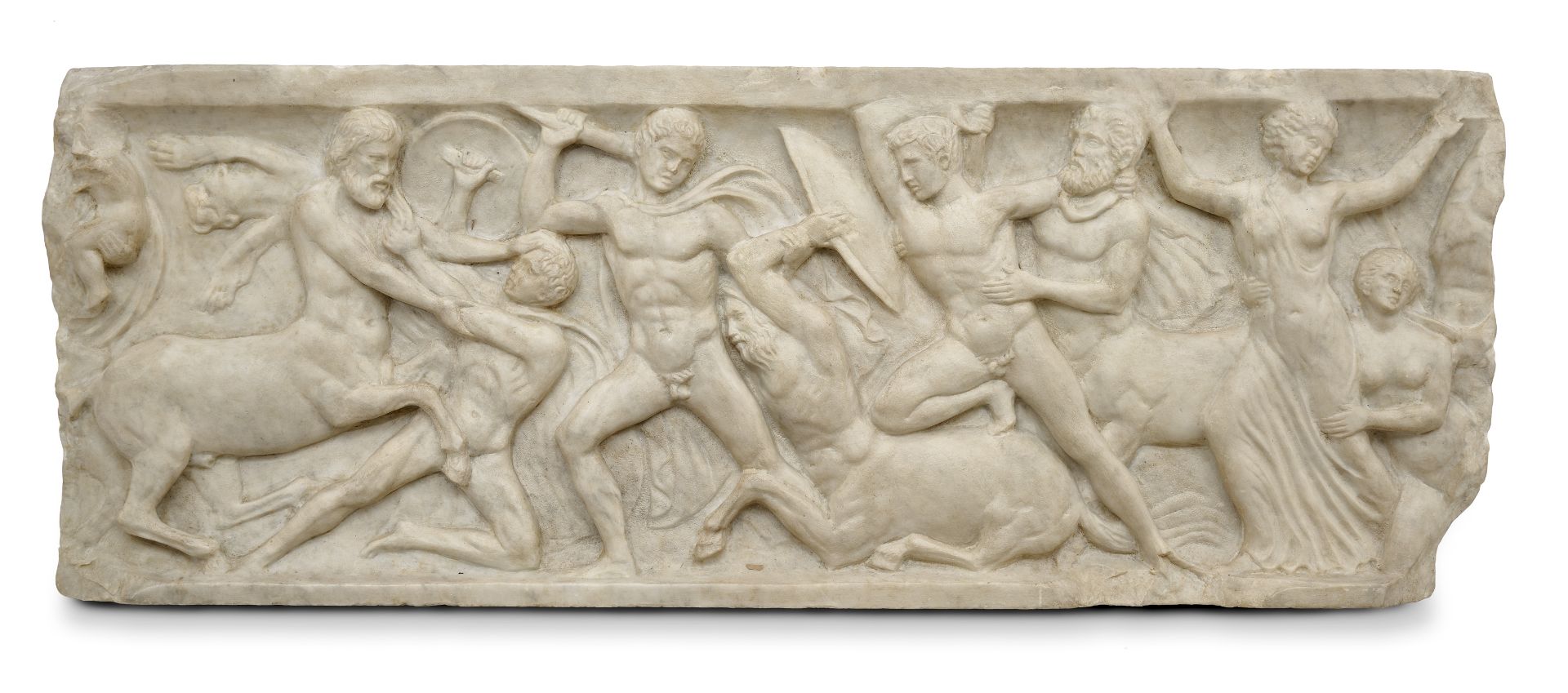 An Italian carved white marble figural frieze depicting the Battle of the Centaurs and Lapiths,a...