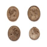 Three lava stone cameo brooches and one unmounted lava stone cameo, second half of the 19th centu...