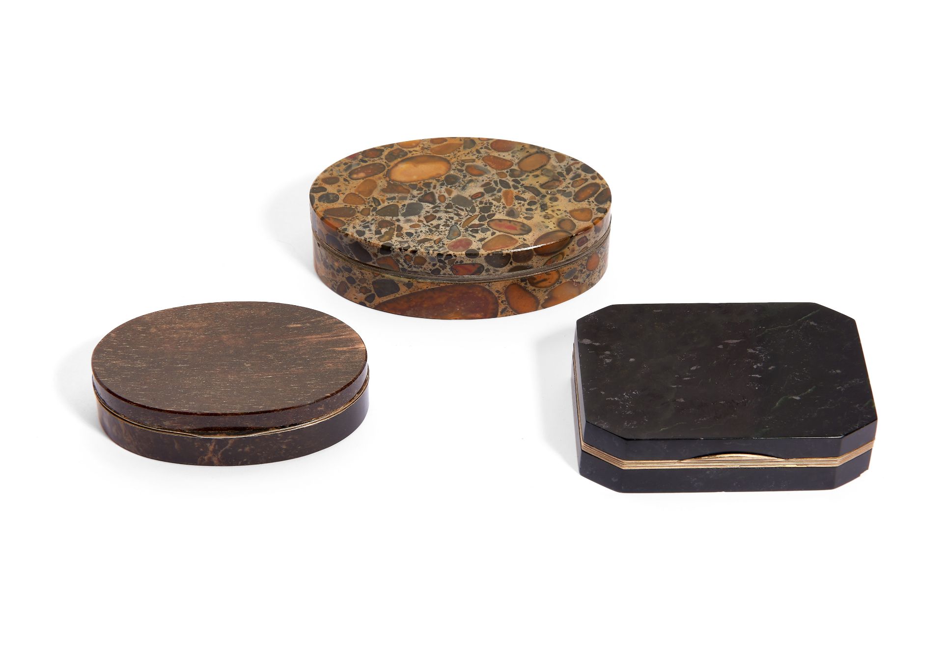 Three 19th century Italian silver gilt mounted pill boxes (3)