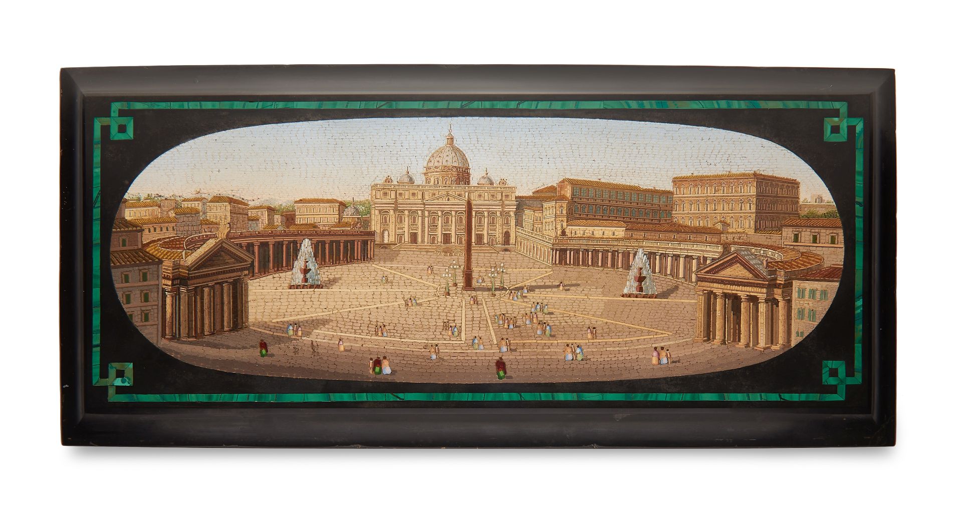 A good Italian mid 19th century micromosaic oval panel depicting Saint Peters Square set within a...