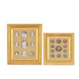 A collection of nine framed oval cameos together with a collection of eleven similarly framed mic...