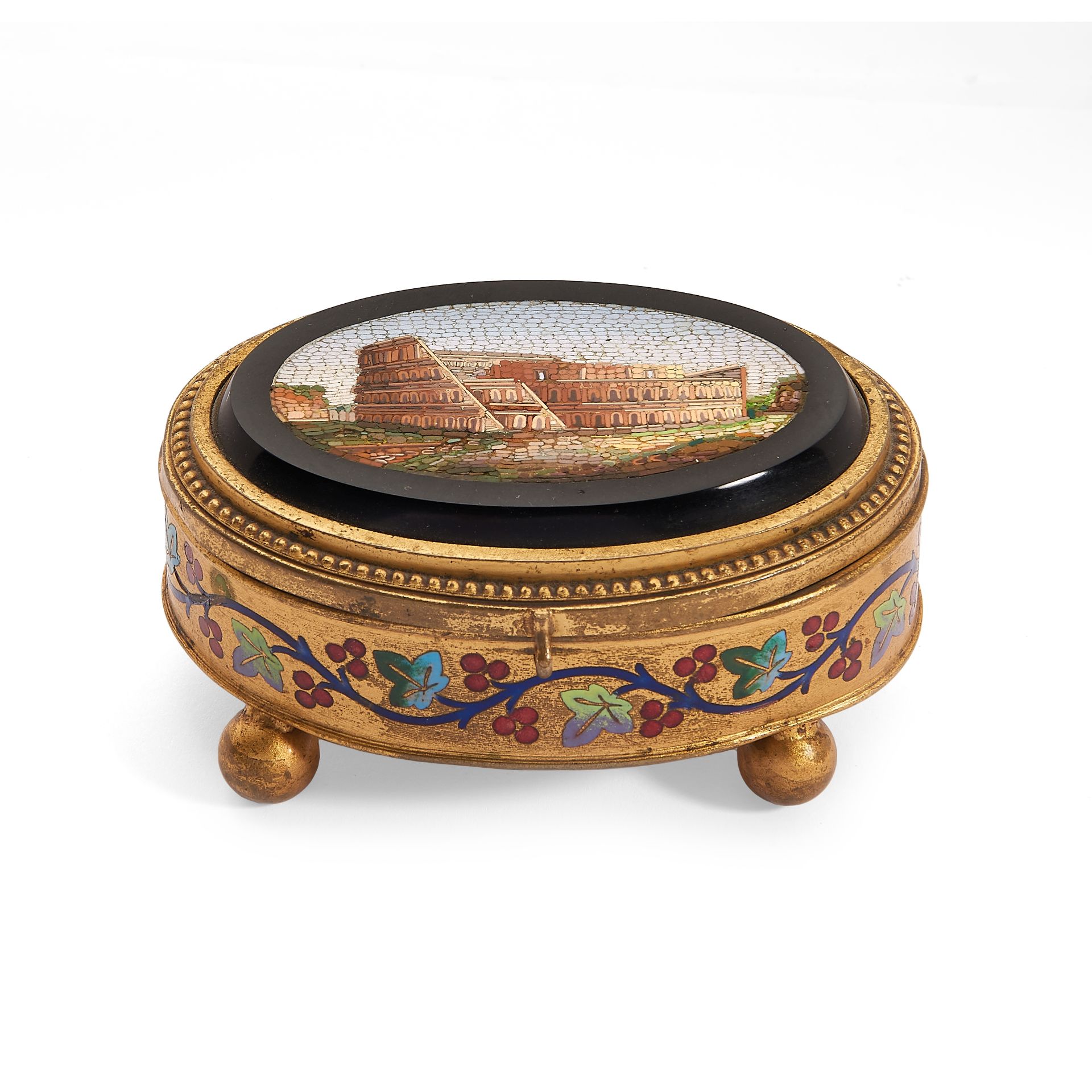 A late 19th Century Italian gilt metal, enamelled, and micromosaic inset oval hinged box, the lid...