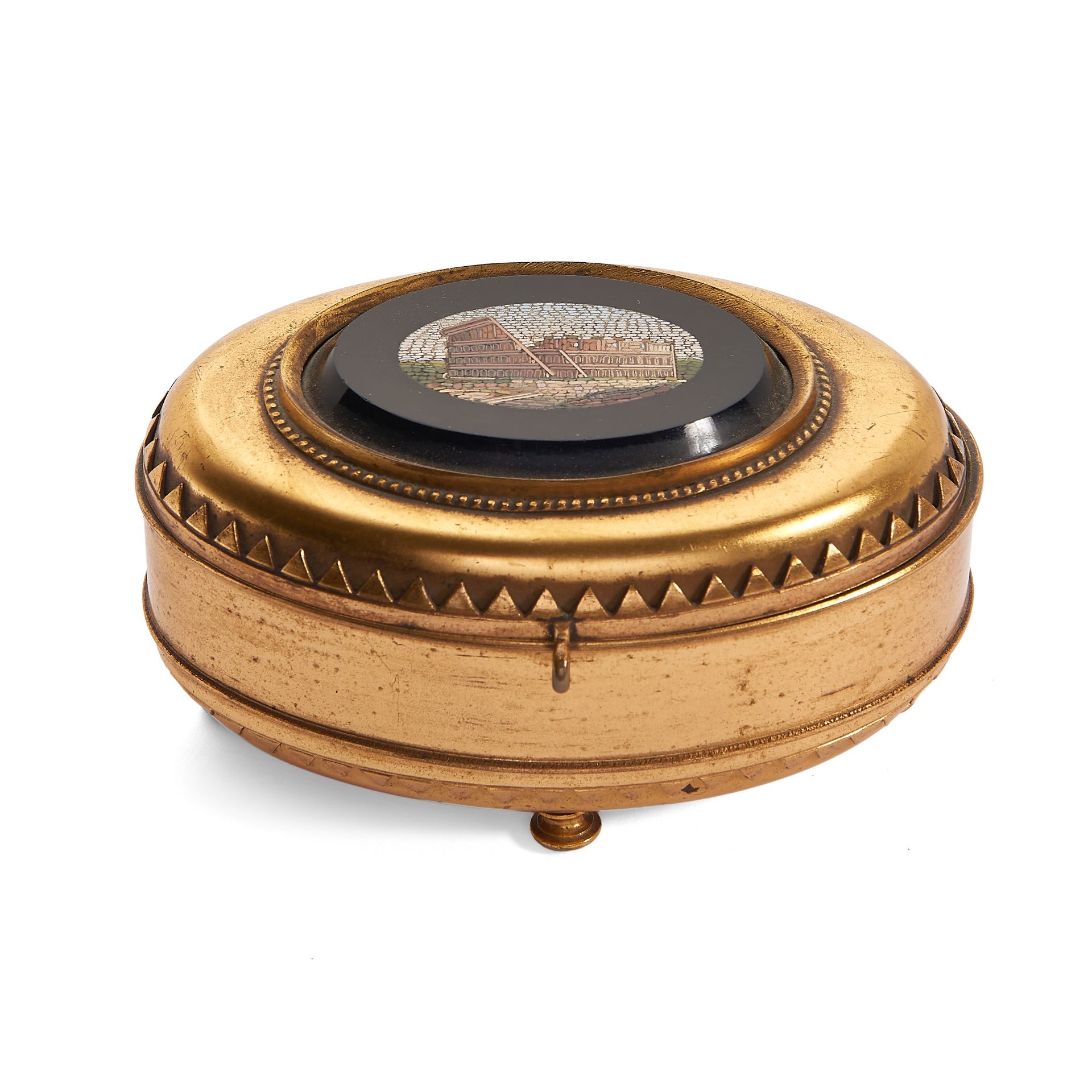 A late 19th Century Italian gilt metal and micromosaic inlaid oval small box, the lid depicting t...