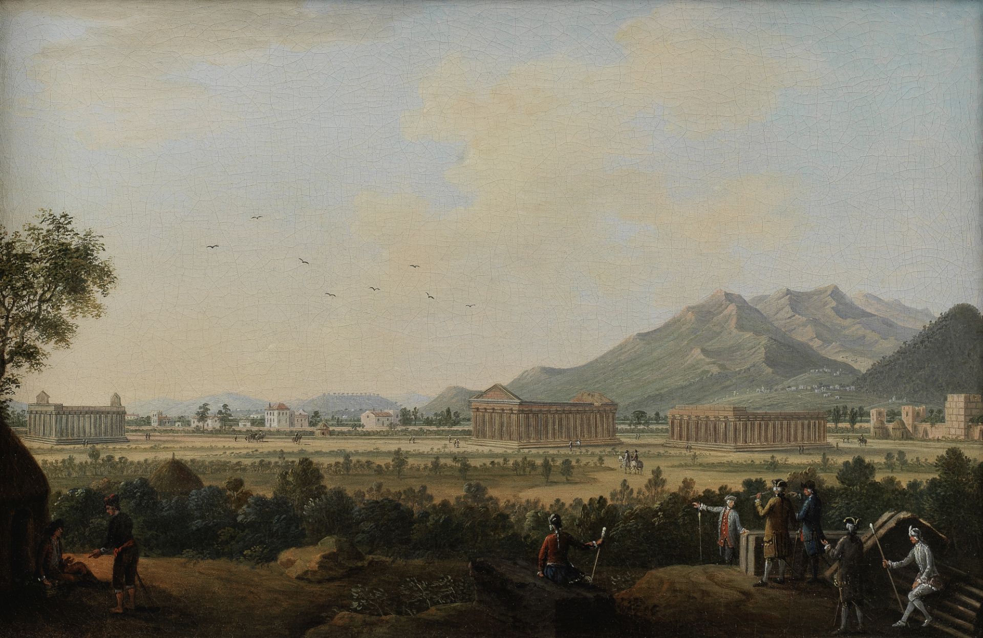 Pietro Antoniani (Italian, circa 1740-1805) A view of Paesteum with Grand Tourists in the foreground