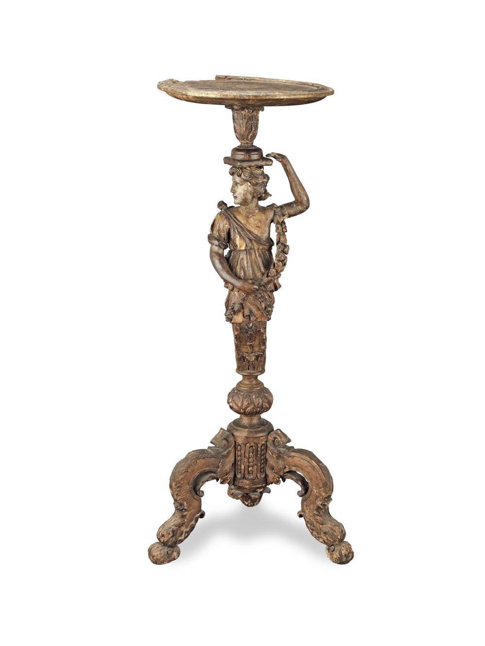 A Dutch late 17th/early 18th century carved giltwood figural tripod torchere 1700-1710