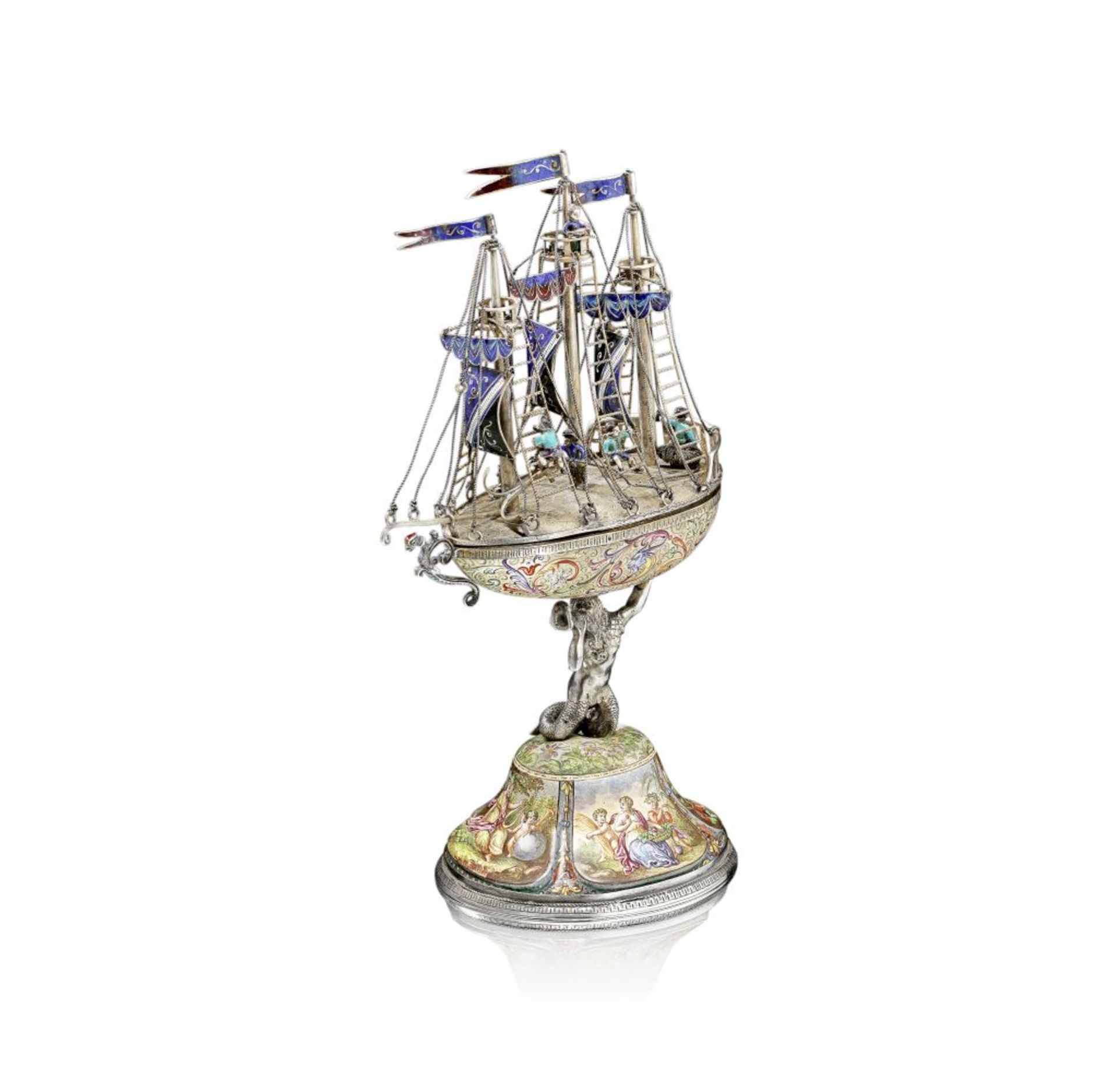 An Austrian silver, silver-gilt and enamel nef maker's mark KB, possibly for Karl B&#246;hm or Ka...