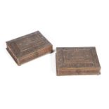 A pair of second half 17th century French relief carved pear or cherry wood boxes in the manner o...