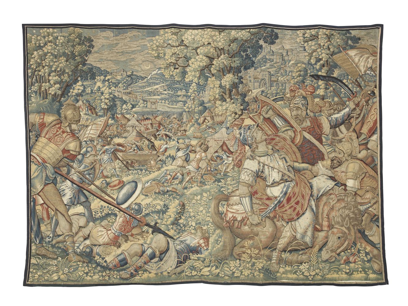 A striking mythological, military Flemish tapestry, late 16th/early 17th century, later reduced
