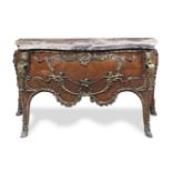 A French late 19th century ormolu mounted bois satine and rosewood bombe serpentine commode made ...