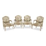 A set of four Louis XV painted and parcel gilt fauteuils a la Reine by Jean-Etienne Saint-Georges...