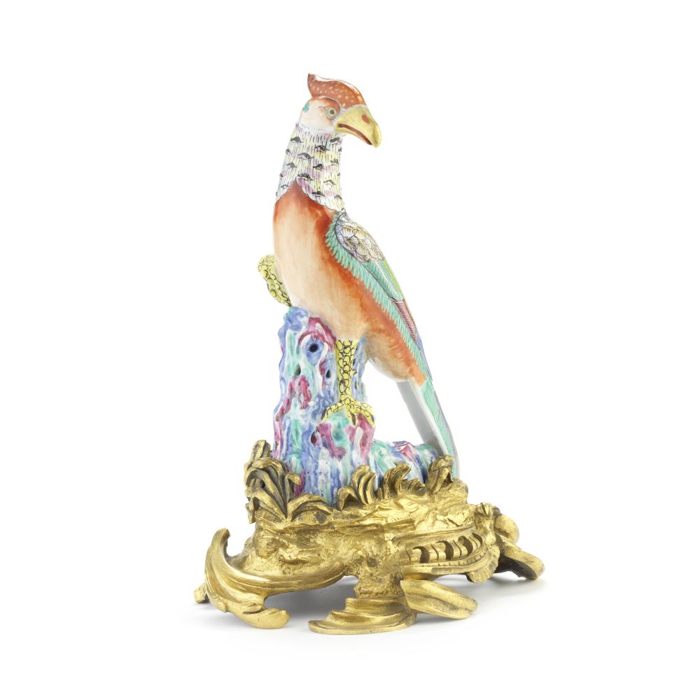 A Louis XV gilt bronze mounted Chinese famille rose export small porcelain model of a pheasant t...