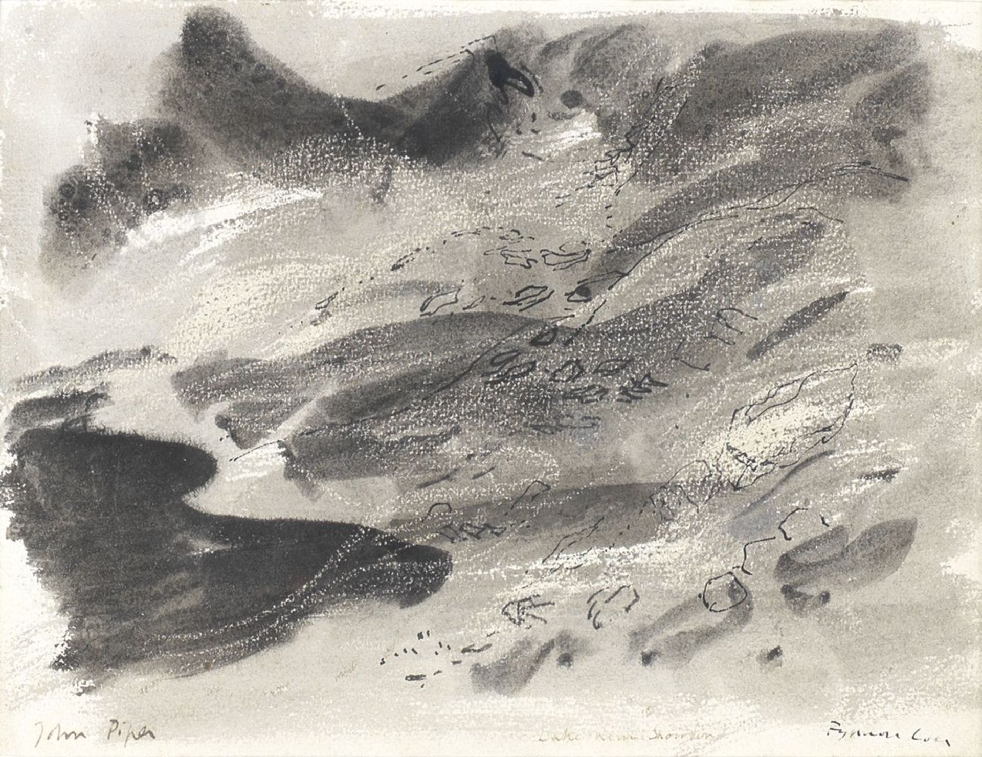 John Piper, Lake Near Snowdon c.1950, ink, wash and crayon 19 x 26cm