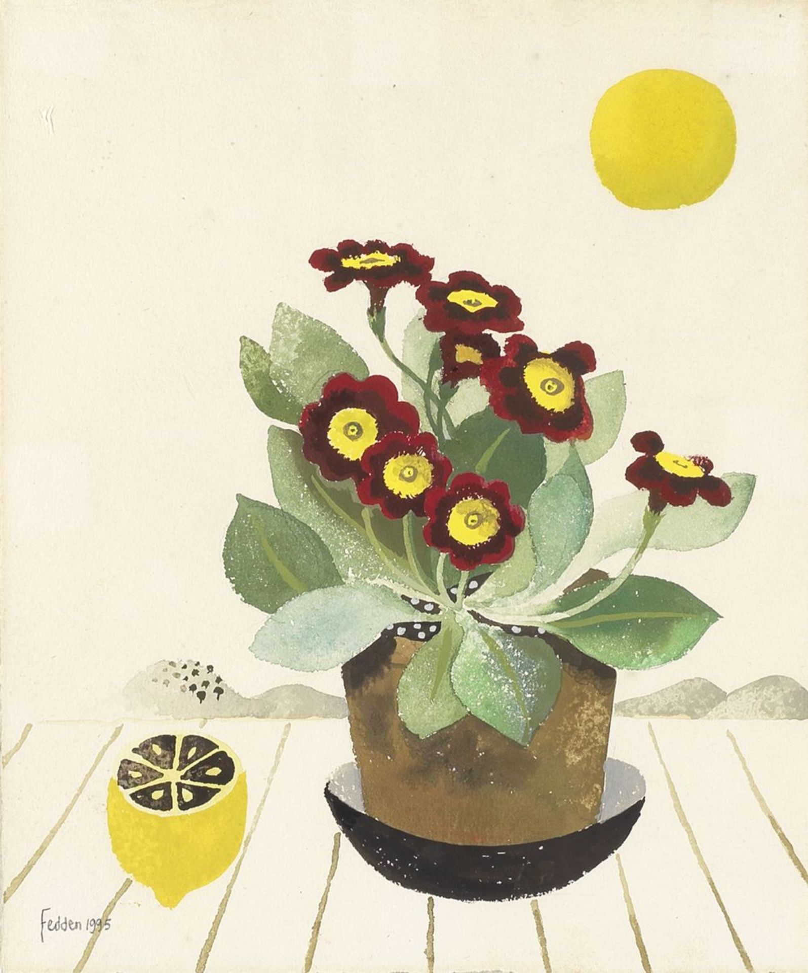 Mary Fedden R.A. (British, 1915-2012) Still Life with Lemon and Auriculas