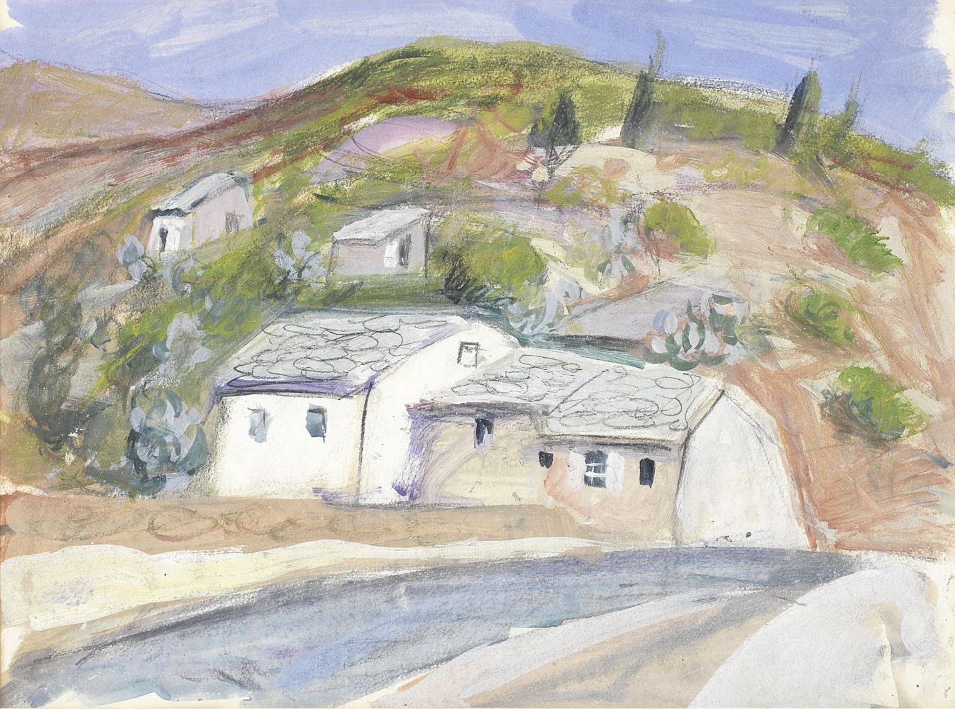 Anne Redpath (British, 1895-1965) Roadside Cottages, Corsica