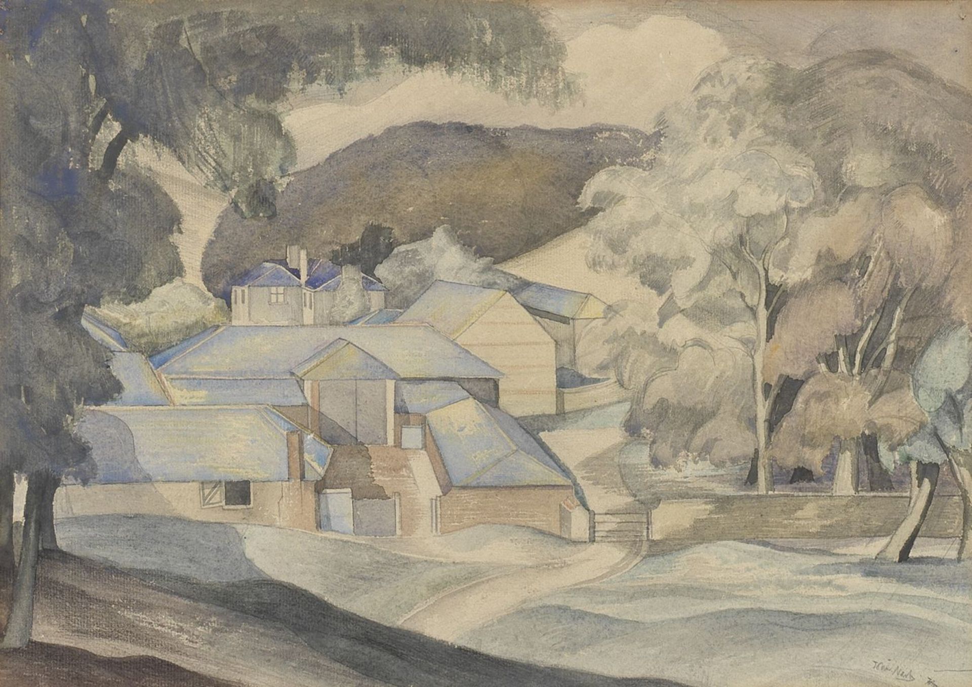 John Northcote Nash R.A. (British, 1893-1977) A Farm in a Hollow