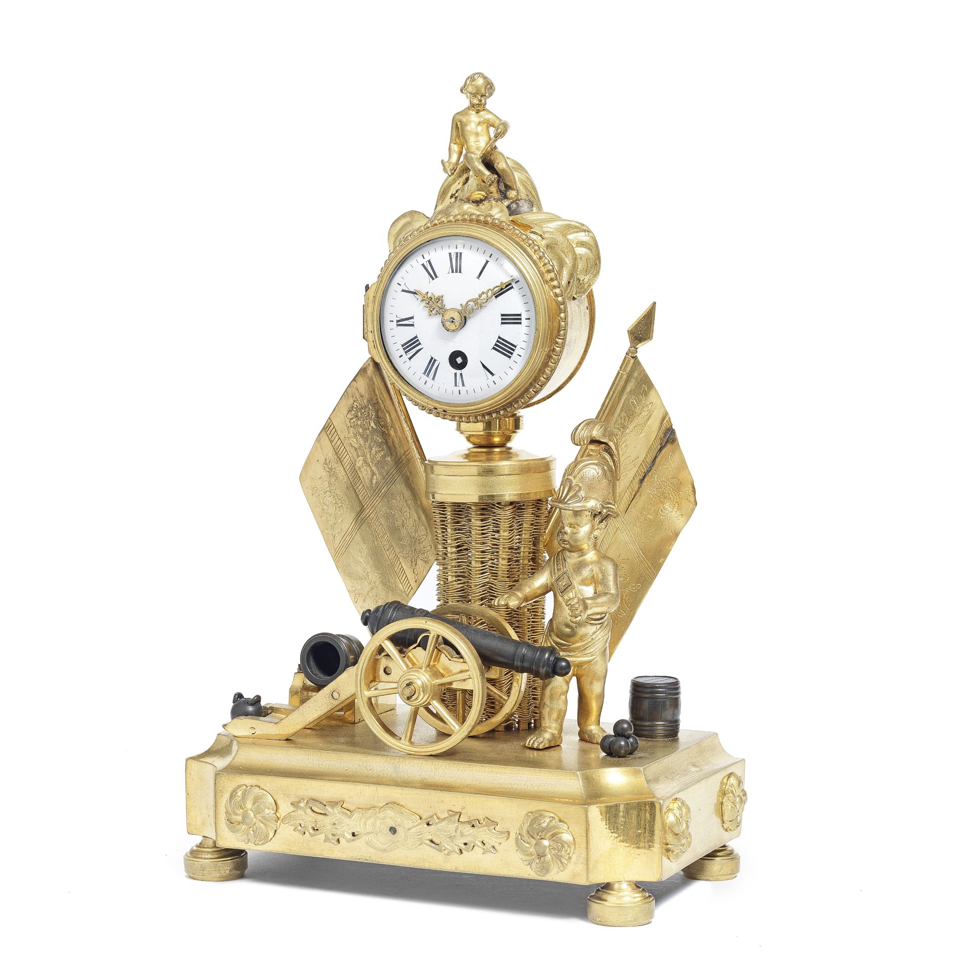 A good late 19th century French ormolu figural mantel timepiece The back plate stamped LS 5 03
