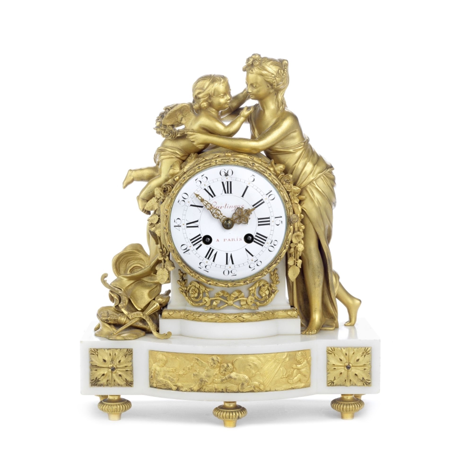 A good late 19th century French gilt bronze and marble figural mantel clock the dial signed Hart...