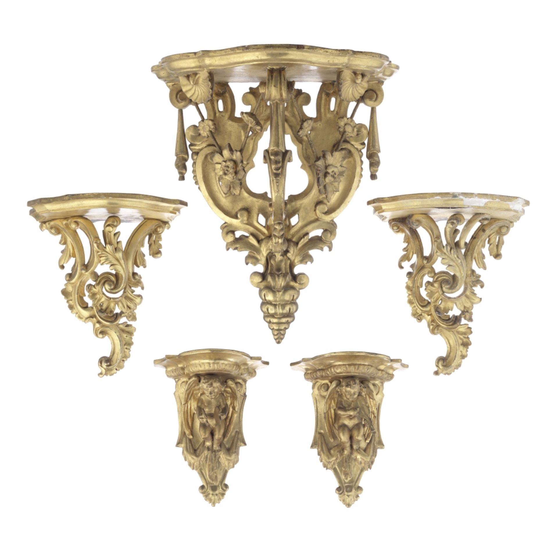Two pairs of late 19th/early 20th century Italian gilt gesso and carved giltwood wall brackets an...