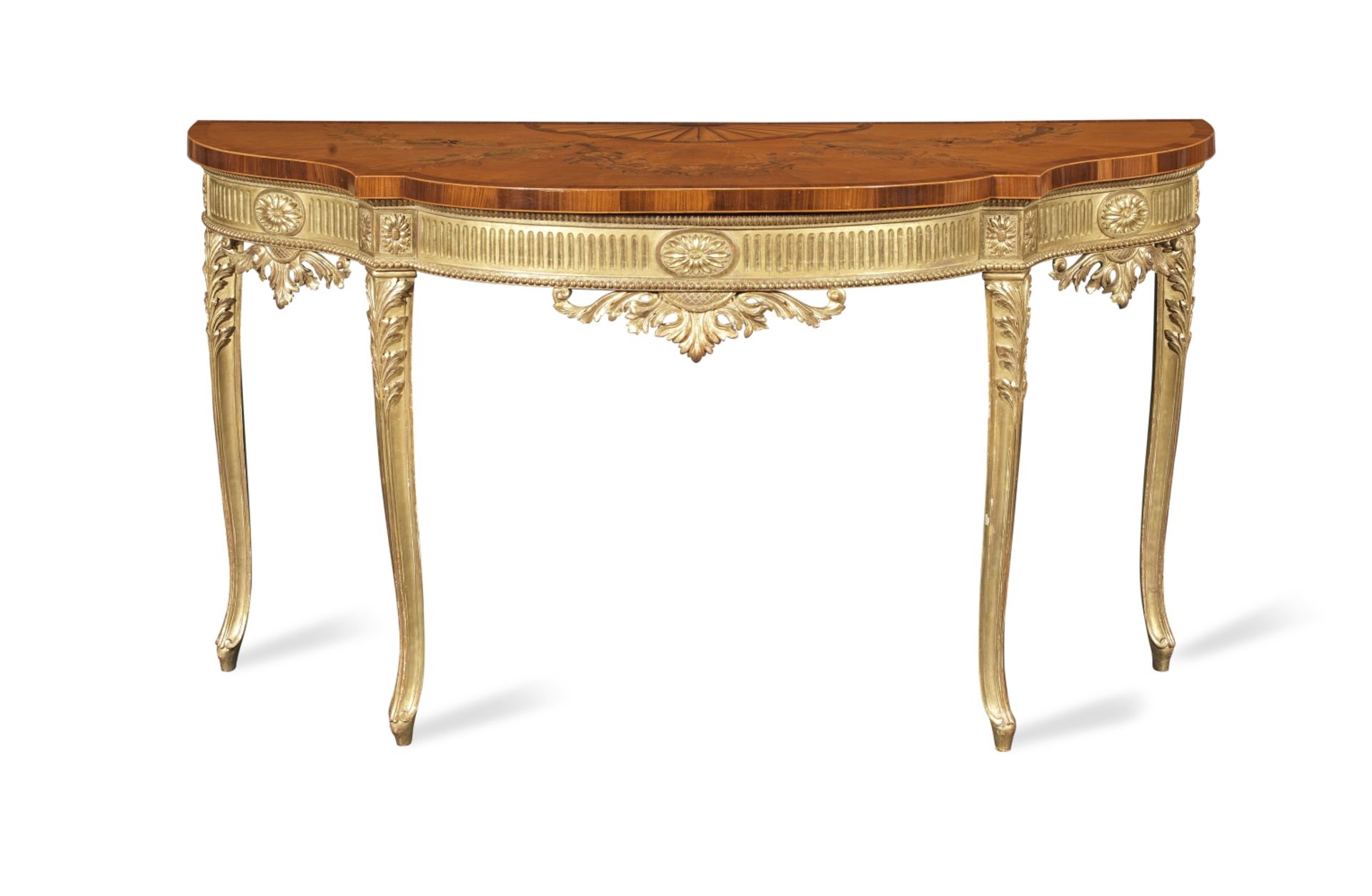 A giltwood, tulipwood, purpleheart, fruitwood and stained sycamore marquetry pier table The giltw...