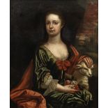 English School, 18th Century Portrait of a girl, seated three-quarter length, with a lamb before...