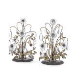 A pair of early 20th century French gilt metal, moulded and cut clear and smoked glass lustre ta...