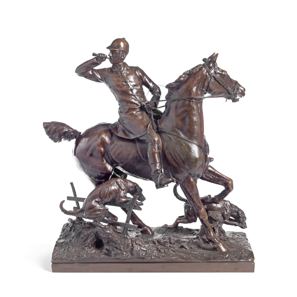 Alfred Adrian Jones MVO (British, 1845-1938): A patinated bronze equestrian group of a huntsman a...
