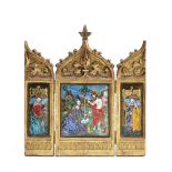 A 19th century French Limoges enamel and brass mounted triptych depicting three female saints