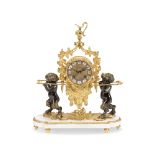 A late 20th century gilt and patinated bronze figural mantle clock in the Louis XVI taste